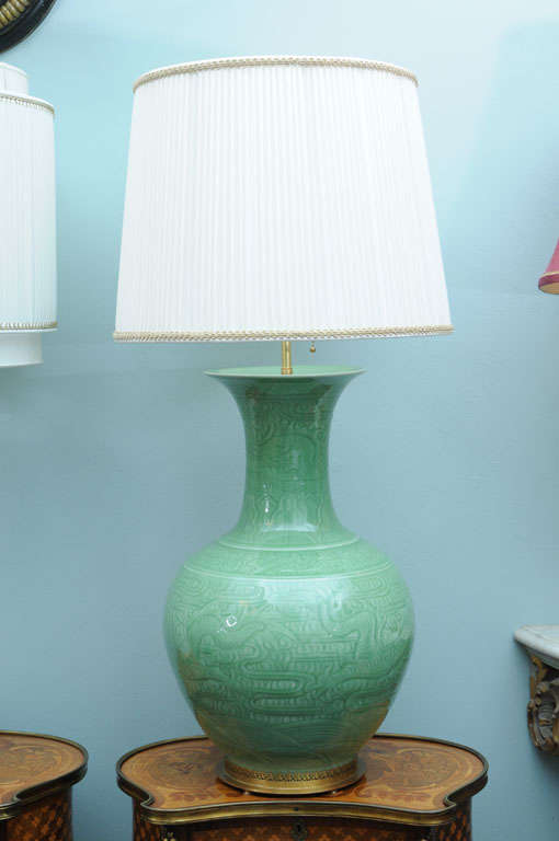 Pair of Large Chinese Ming Style Celadon Glazed Vase Lamps