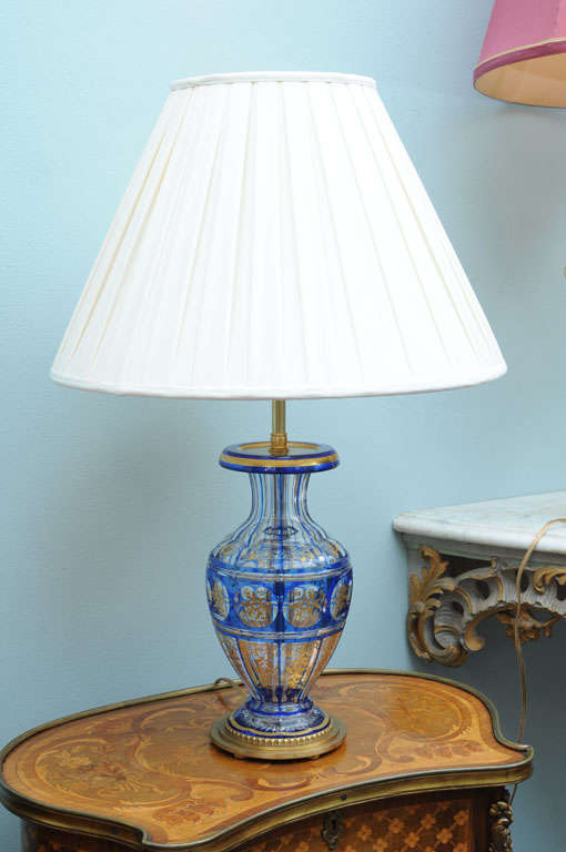 Pair of Cobalt Blue and Gold Painted Glass Lamps by Baccarat
