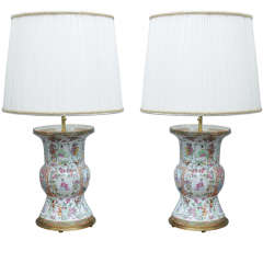 Pair of Chinese Porcelain Rose Mandarin Palette Lamps