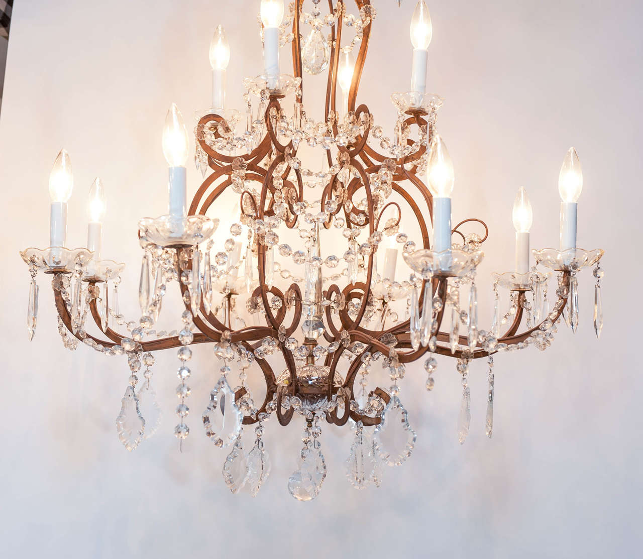 Pair of 20th century crystal chandeliers in pressed metal carcass, circa 1940, France.