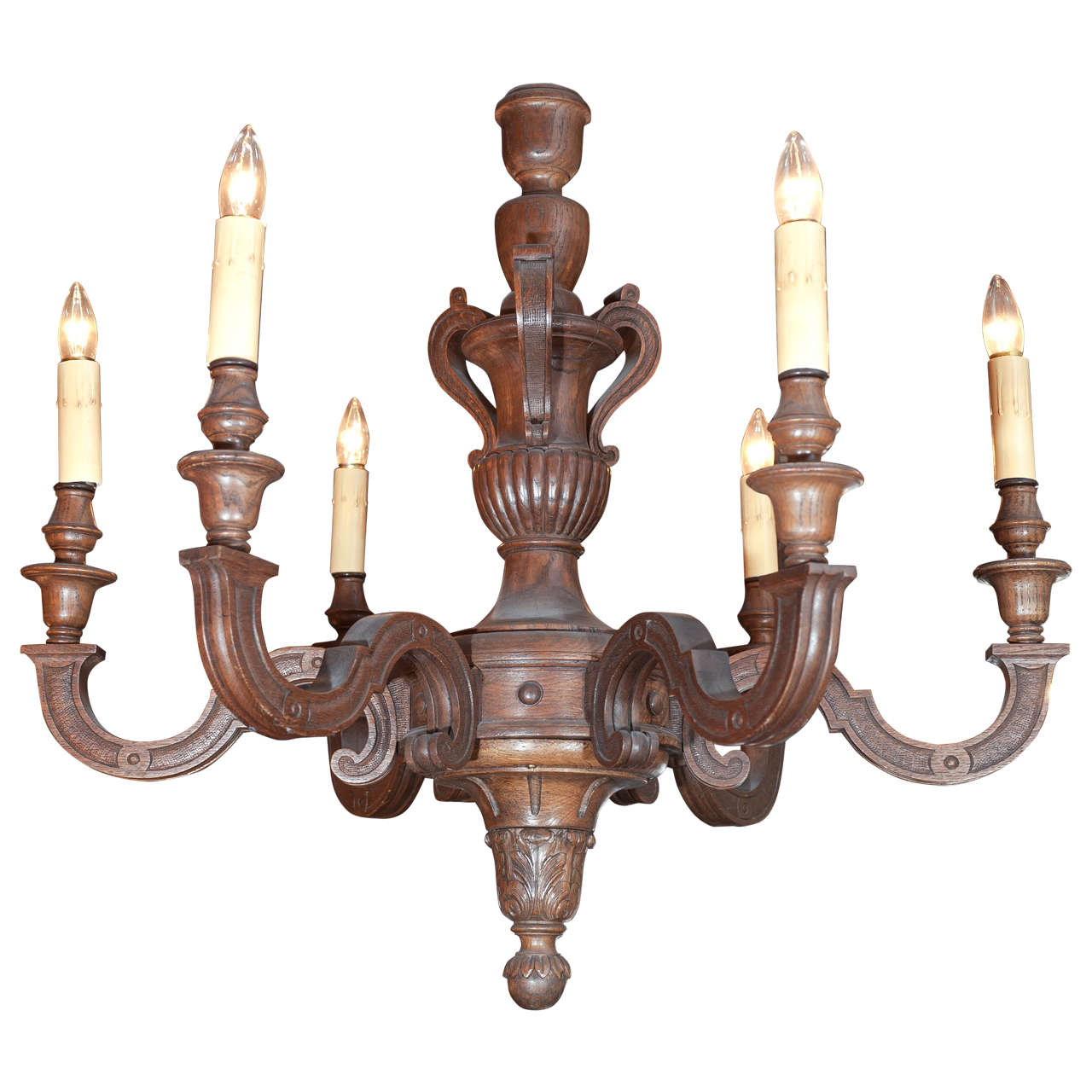 20th Century Exceptionally Carved Wooden Six-Branch Chandelier For Sale