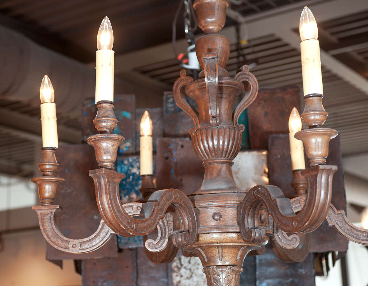 Belgian 20th Century Exceptionally Carved Wooden Six-Branch Chandelier For Sale