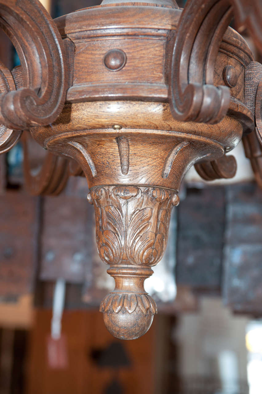 Oak 20th Century Exceptionally Carved Wooden Six-Branch Chandelier For Sale