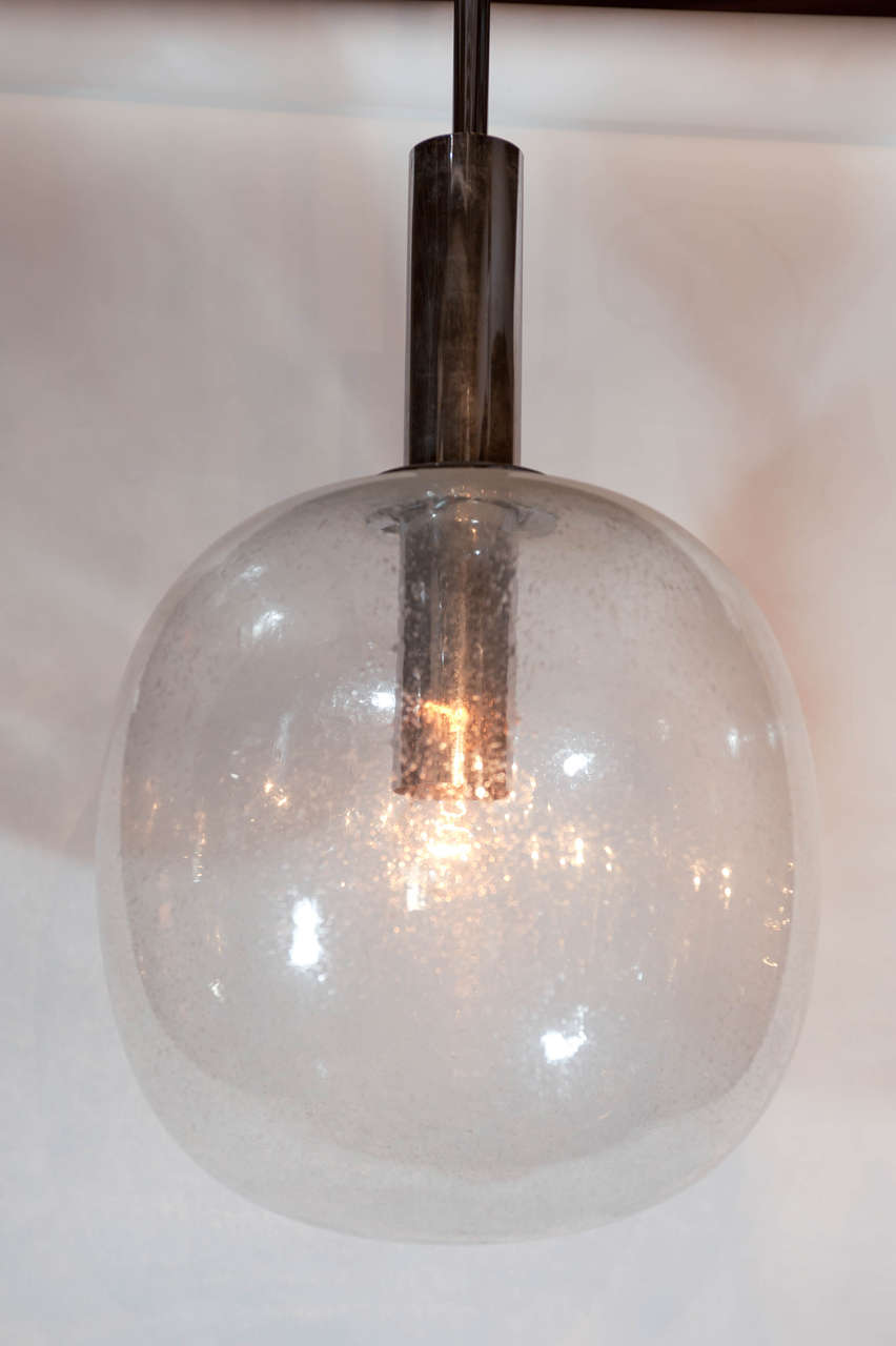 1970s Belgian chrome pendant fixture with seeded glass bubbles.