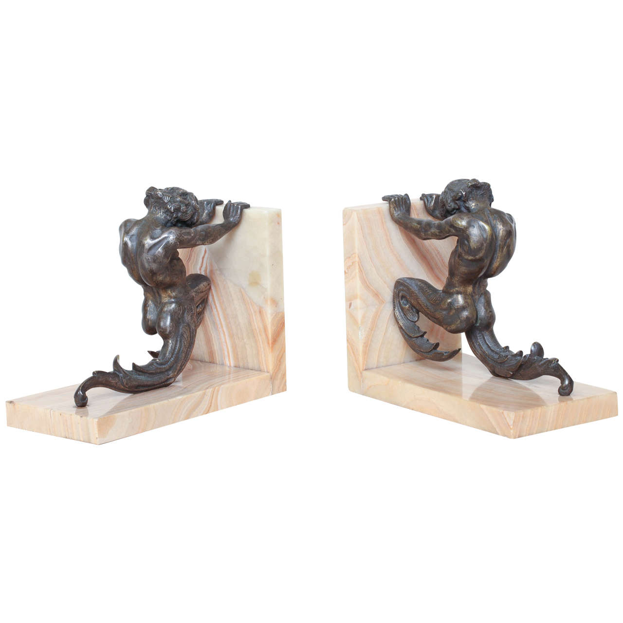 Leon Leyritz Pair of French Art Deco Silvered Bronze Bookends For Sale