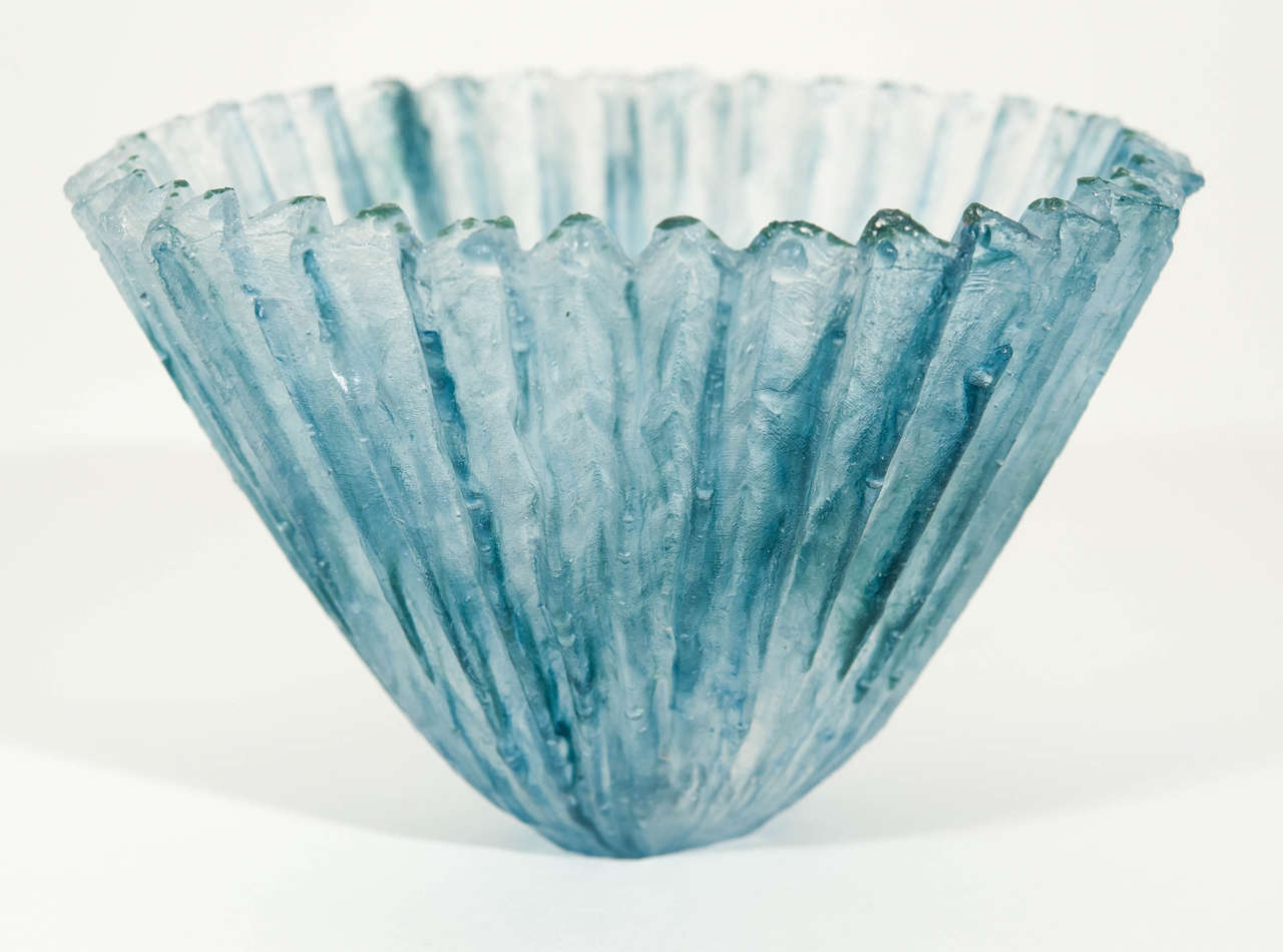 Fluted pale blue pate de verre vase by Tessa Clegg, signed and dated 1984.