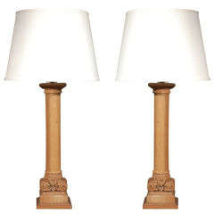 Pair of Carved Wood Column Lamps, Circa 1880