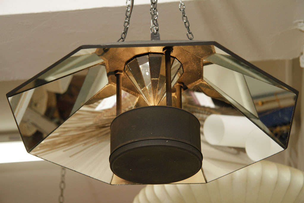 Metal Small Mid Century Octagonal Mirrored Hanging Light Fixture
