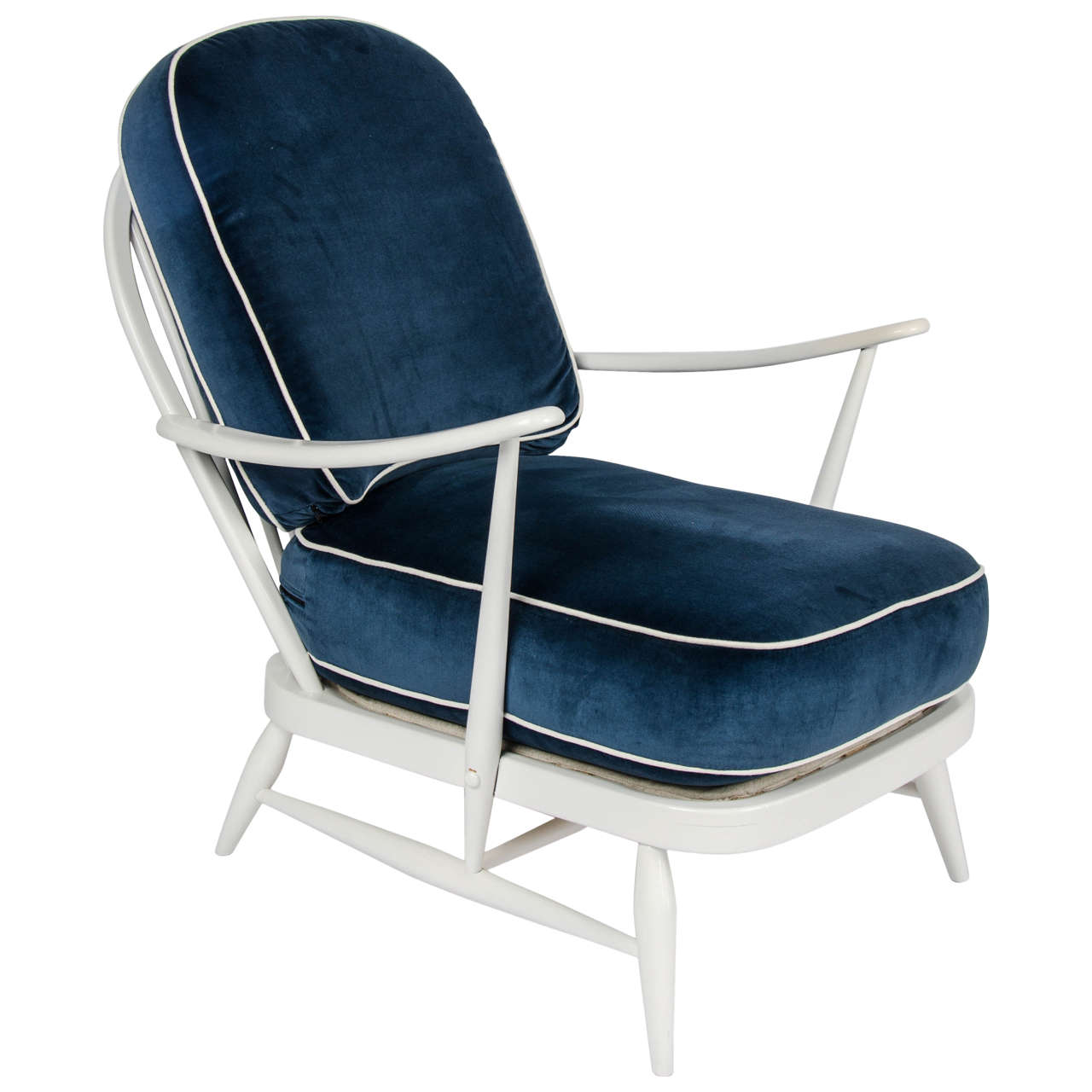 Vintage 1950s Ercol White Wood/Blue Velvet Chair by Lucian Ercolani