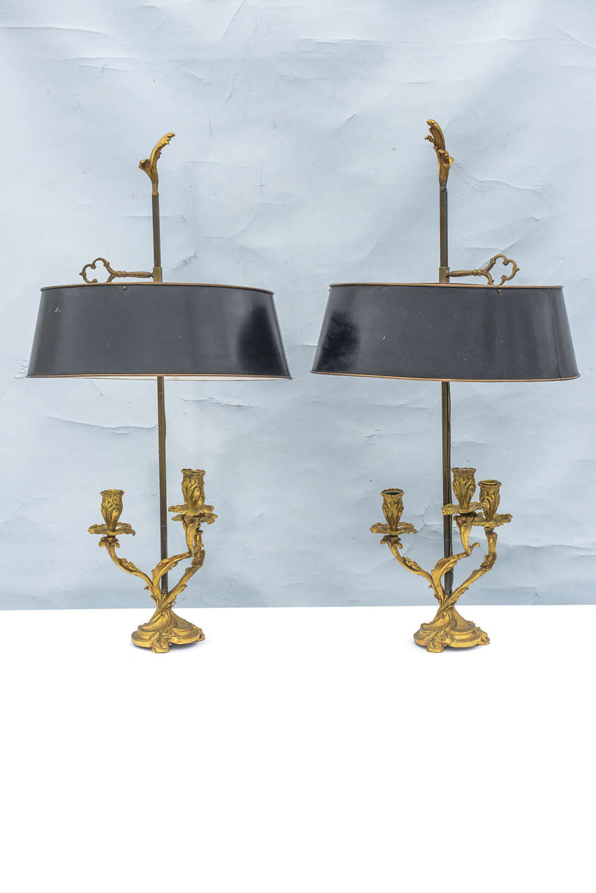 Pair of 19th Century French Bronze Dore Candelabra Lamps with Bouillotte Shades