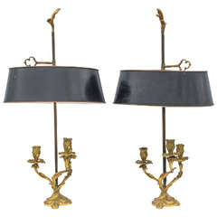 Pair of 19th Century French Bronze Dore Candelabra Lamps with Bouillotte Shades