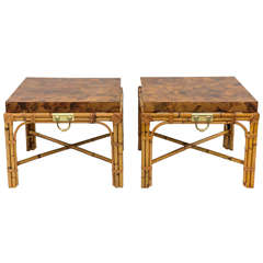 Pair of Italian Olivewood and Rattan End Tables