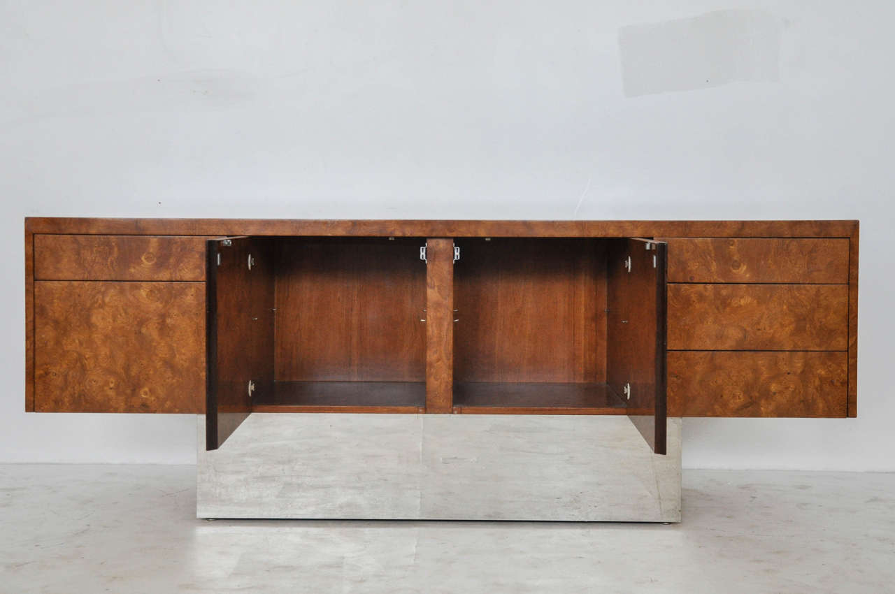 American 1970s Burl Wood and Chrome Executive Credenza