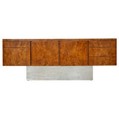 Vintage 1970s Burl Wood and Chrome Executive Credenza