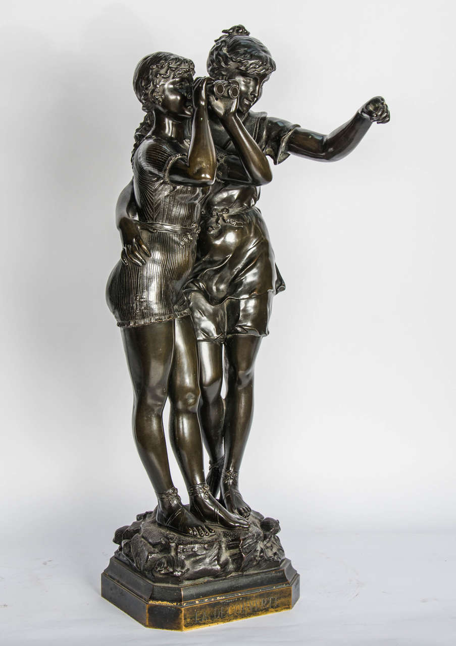 An enchanting bronze study of two young girls looking through binoculars. Entitled 'La Decouverte (discovery)
Signed Ferville-Suan
He was born in Le Mans, in Sarthe, on 16 January 1847, and was adopted by the painter Charles Suan. He lived during a