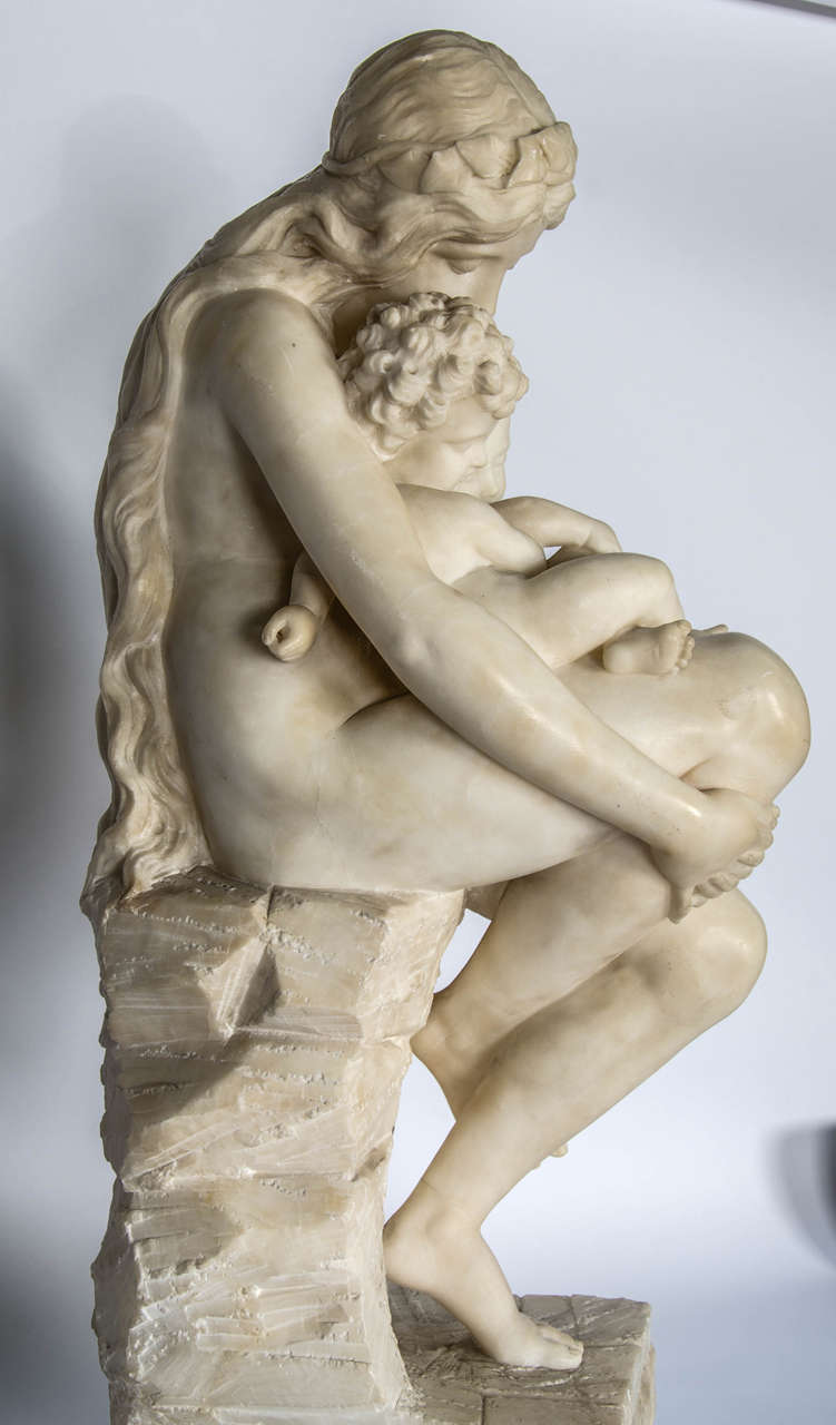 Italian Antique Alabaster Statue of mother and child, 19th Century.