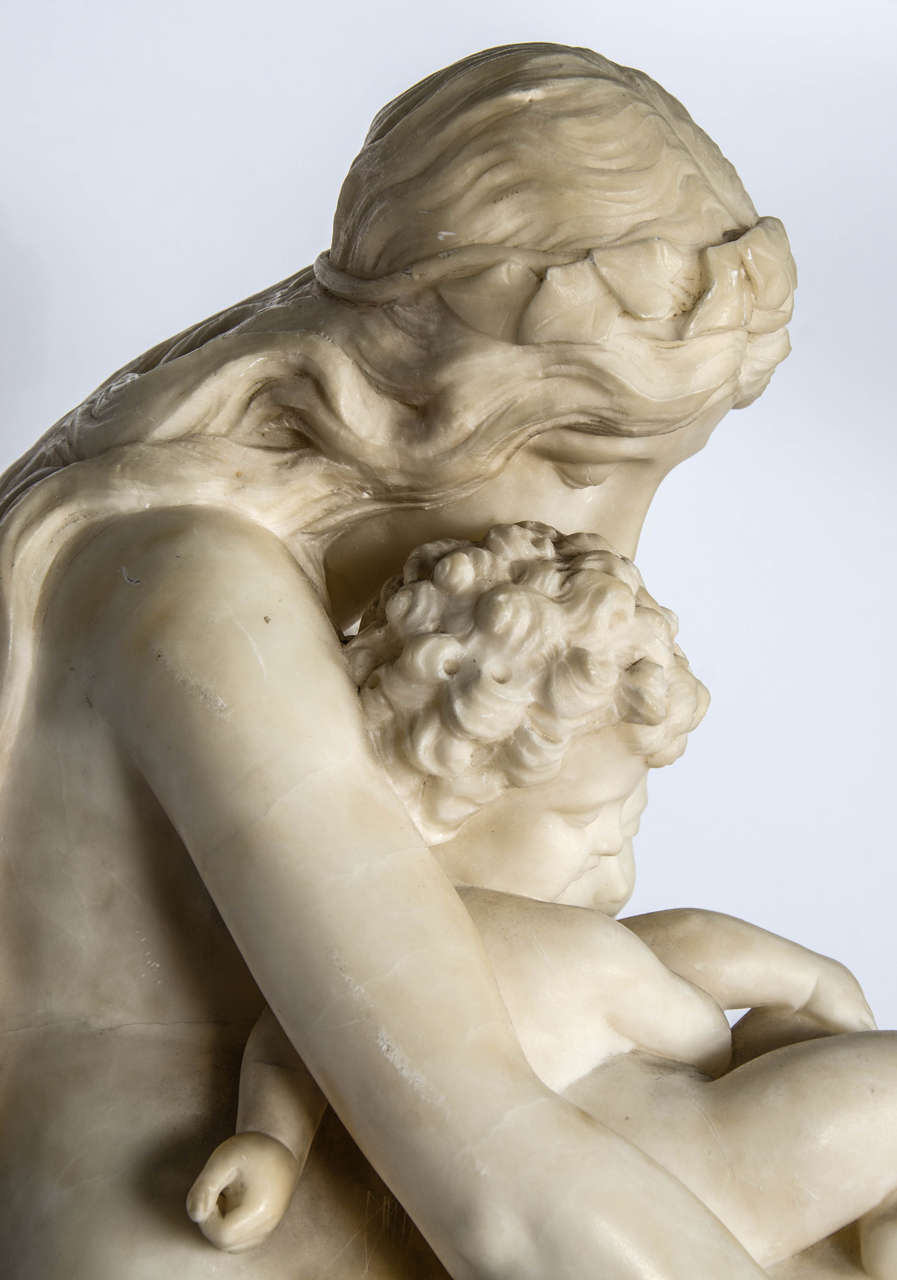 Carved Antique Alabaster Statue of mother and child, 19th Century.