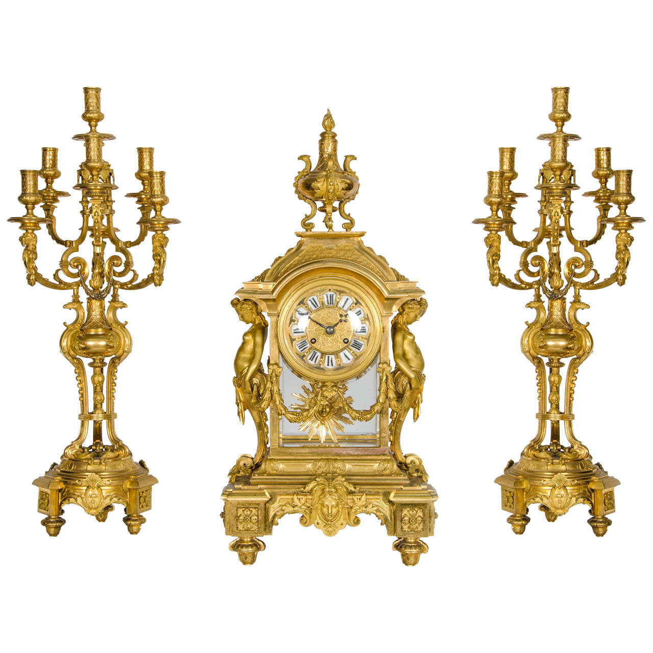 Imposing 19th Century French Ormolu Clock Garniture 29"(73cm) high For Sale