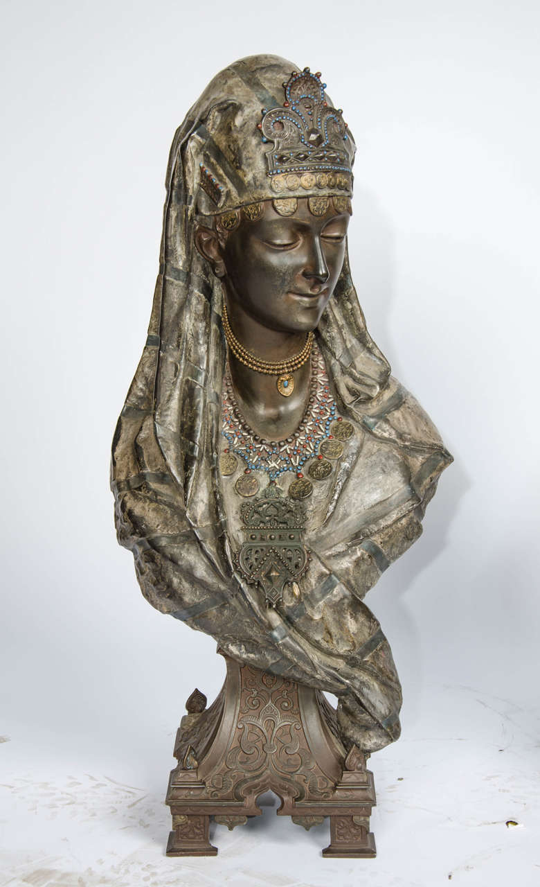 A good quality pair of 19th century cold-painted bronzed busts of Arabs wearing exotic headdresses and raised on classical plinths.