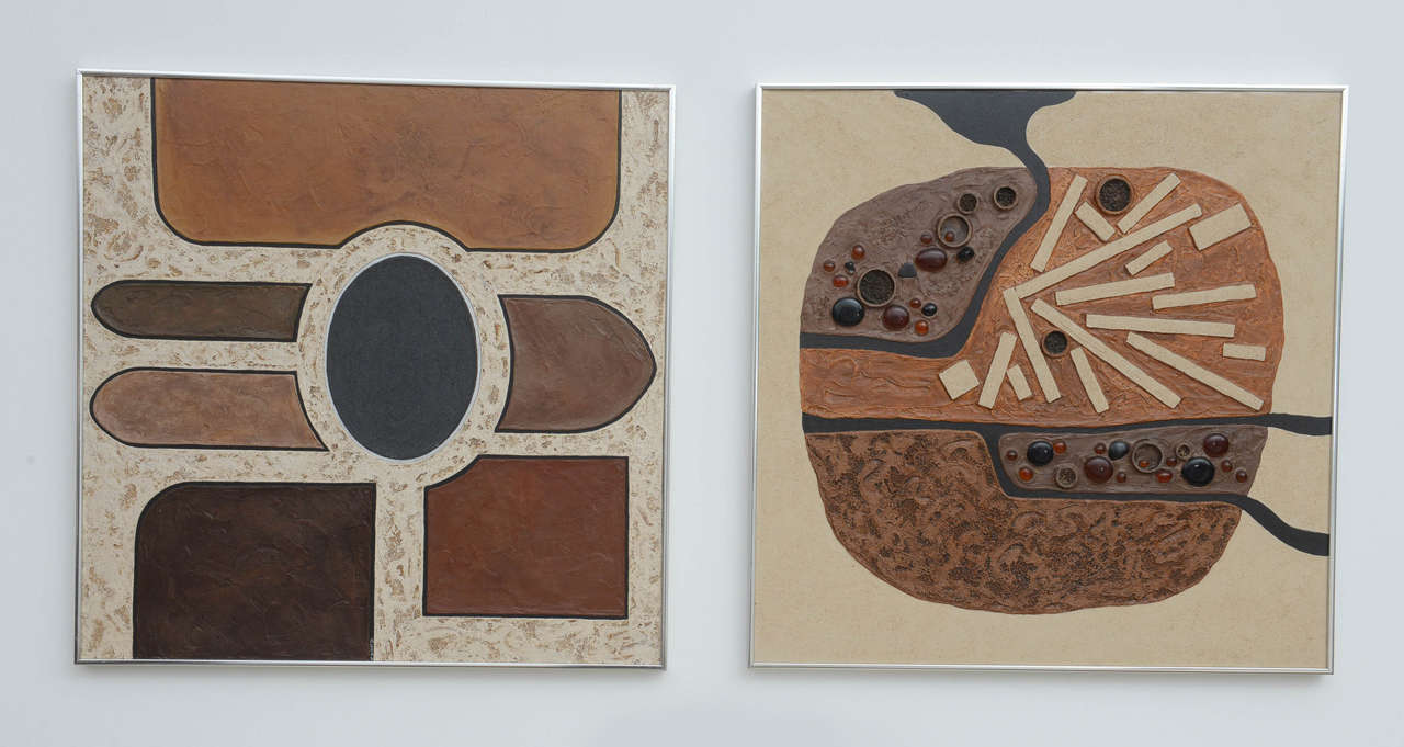 We love this groovy abstract work by Mid-Century Modern artist Regina Agran.
Two complimentary works showing abstract forms and mixed-media materials neutral color tones.
