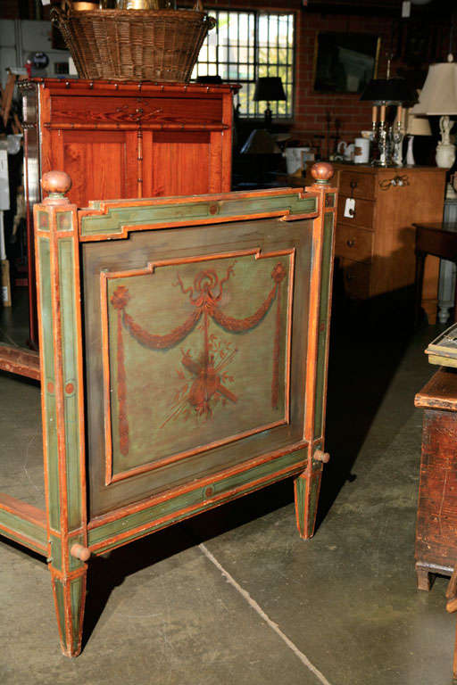 This unusual and interesting bed frame is thought to be Italian, mid 19th century, and has an abundance of hand painted classical decorative elements. Used as a bed or a day bed it will be a hit and provide inspiration in your next setting. 