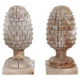Antique Pair Carved Wood Pineapple Finials, 19th Century
