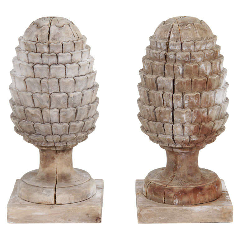 Pair Carved Wood Pineapple Finials, 19th Century at 1stDibs