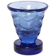 Antique Jean Luce French Art Deco Etched Blue Glass Vase on Circular Base