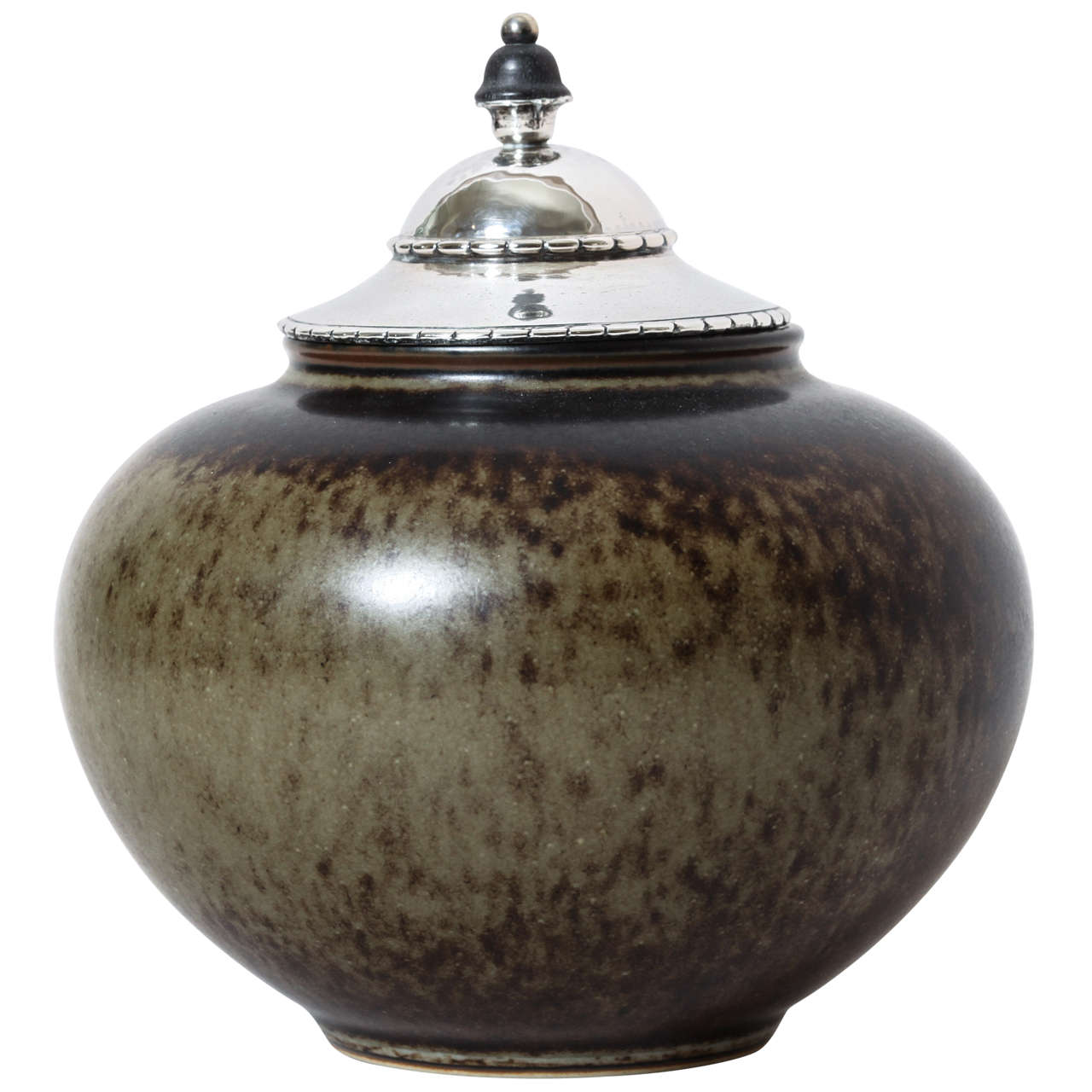 Hans Henrik Hansen for Royal Copenhagen Ceramic Pot and Silver Cover For Sale
