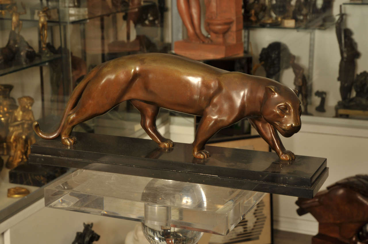 Brown patina bronze statue of a striding panther signed by LUC, set on a black Belgian marble base.