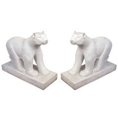 1980s Pair of Art Deco Style Polar Bears Carved from Statuary White Marble