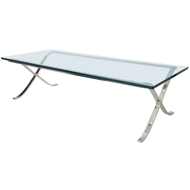Modern Rectangular Glass And Polished Chrome X Base Cocktail Table For Sale At 1stdibs