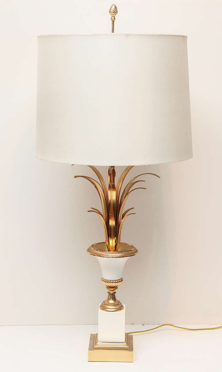 Pair of pristine Maison Charles gilt bronze lamps palm motif with enameled detailing and new silk shades.