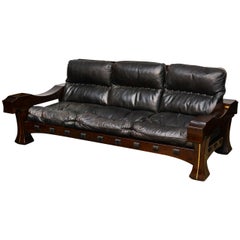 Mid Century Sofa von "Frigerio" Italienisches Design schwarzes Leder und Tropenholz