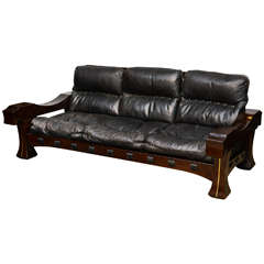 Mid Century Sofa by "Frigerio" Italian design black leather and tropical wood 8