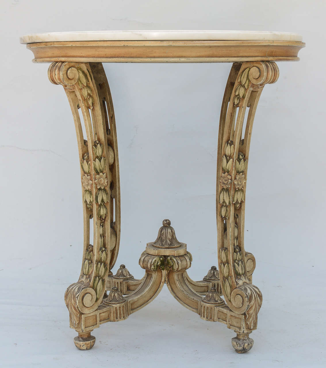 Occasional Table with Round Marble Top on Pierced Painted Base c. 1900 In Excellent Condition In West Palm Beach, FL