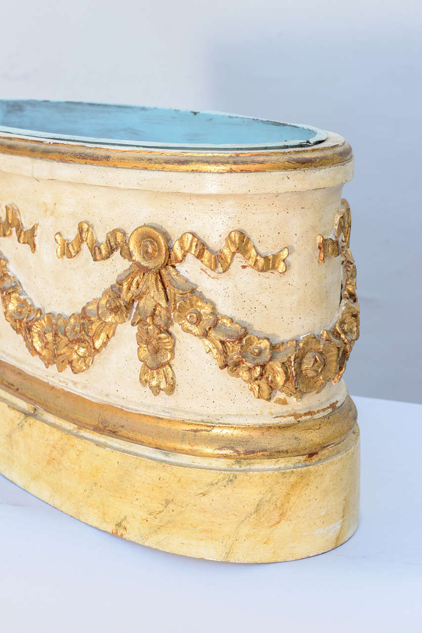 Mid-20th Century Large Oval Painted and Gilded Planter with Tole Liner