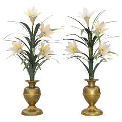 Unusual Pair of "Lilly" Lamps in Antique Brass Urn
