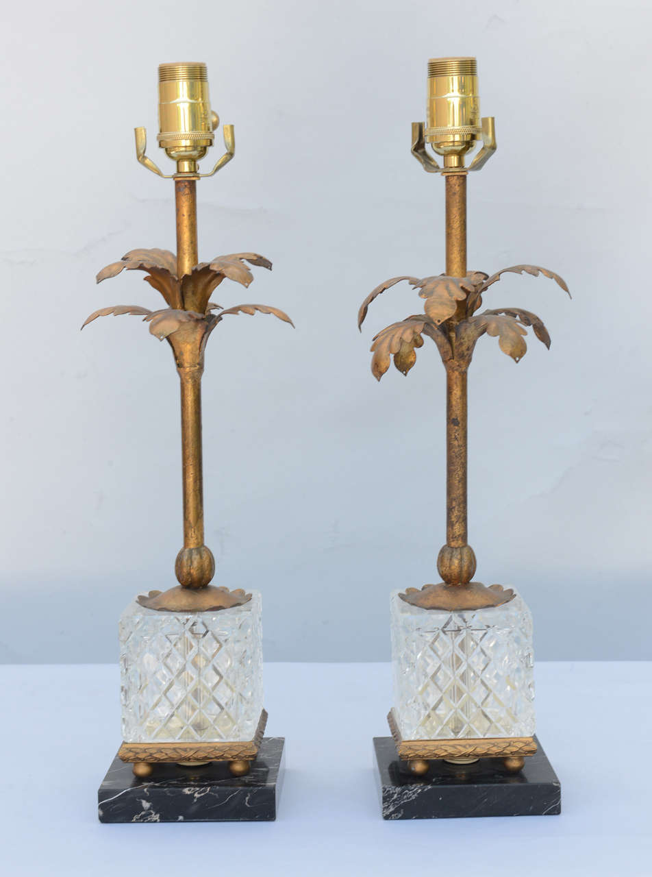 Mid-20th Century Pair of Gilded Iron Palm Tree Lamps