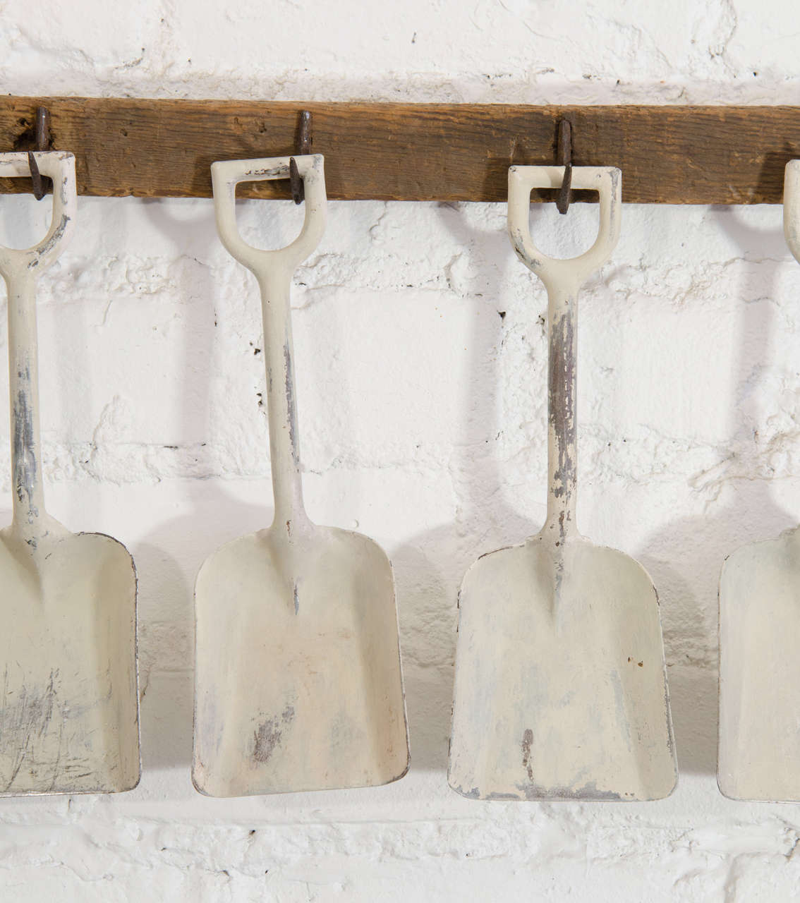 White Sandshovels Suspended from Wooden Rack with Iron Hasps In Good Condition In New York, NY
