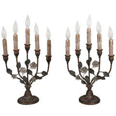 19th Century Pair of Brass Floral Girandole Lamps