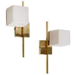Elegant Pair of Brass and White Glass Sconces