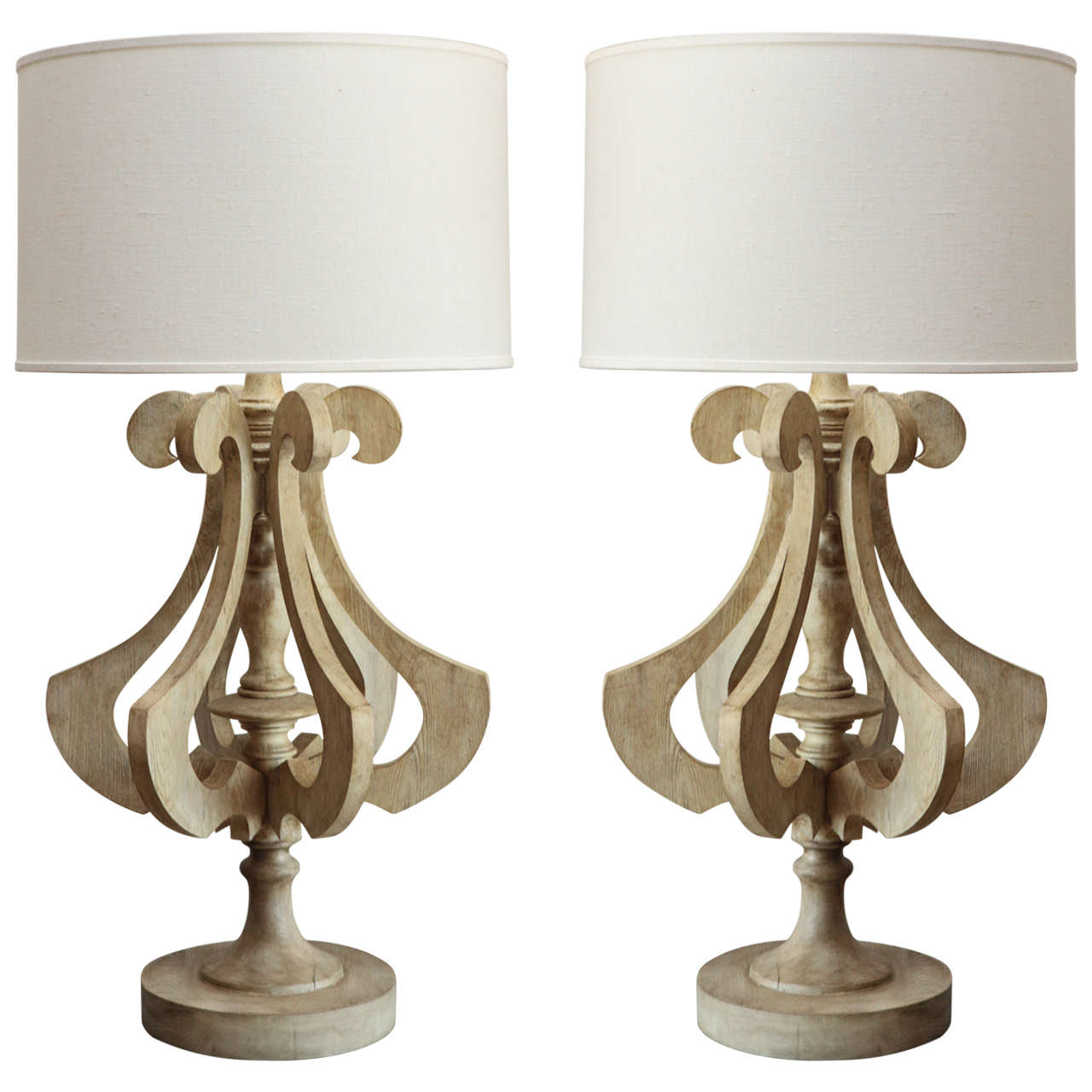 Pair of Monumental Turned Wood Architectural Table Lamps