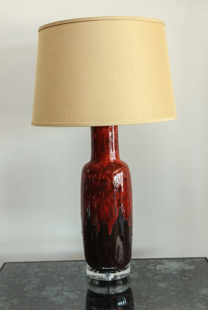 Classic drip-glaze mid-century table lamp in rich colors, with new lucite base and electrical. 
Visit the Paul Marra storefront to see more furnishings and lighting including 21st Century.
