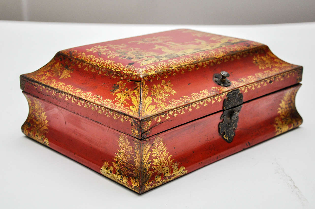 French Red Lacquer and Gilt Desk Box with Chinoiserie Design.
Fine Original Finish with Appropriate Wear, Ormolu Mounts.