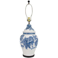 Mid-Century White and Blue Ceramic Ginger Jar Table Lamp 1