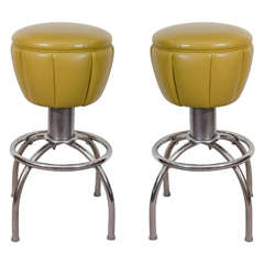 Mid-Century Pair of Olive Green Swivel Bar Stools