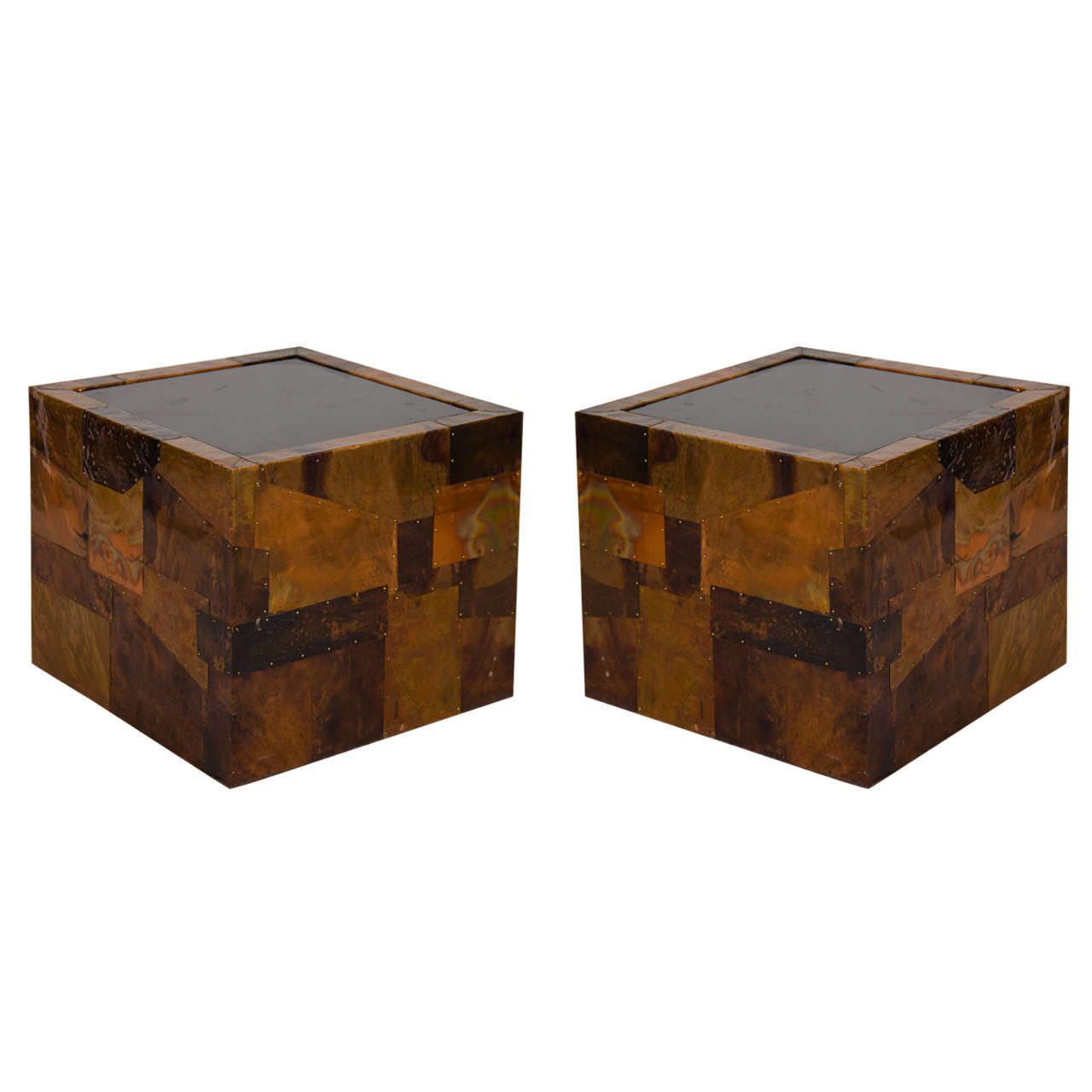 Midcentury Pair of Paul Evans Style Patchwork Cube End Tables For Sale