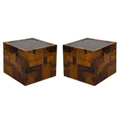 Midcentury Pair of Paul Evans Style Patchwork Cube End Tables