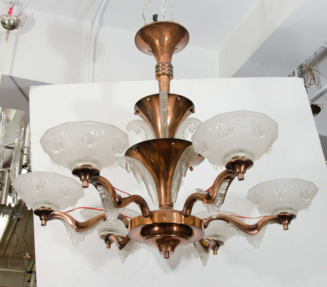 French Art Deco Three-Tier "Icicle" Chandelier in Cast Copper
